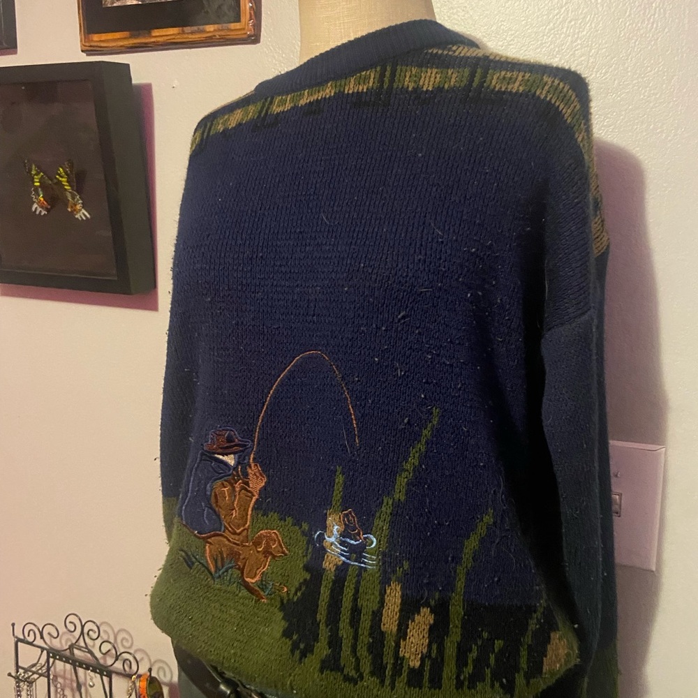 Dog fishing vintage sweater